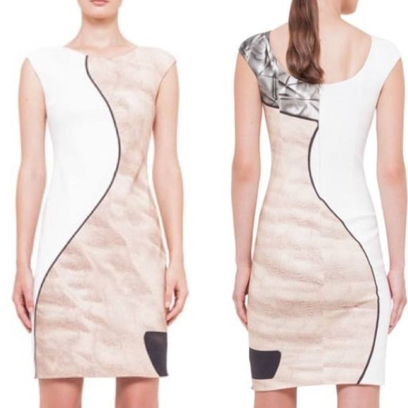 Akris Punto Sleeveless Sheath Mini Dress SZ 4 Beige White Cap Sleeves Scoop Back - Picture 1 of 10